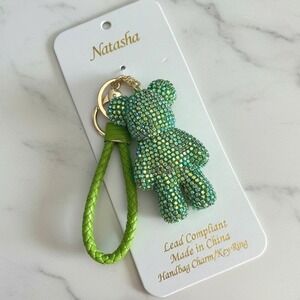 Natasha Green Rhinestone Teddy Bear Handbag Charm Key Ring Braided Strap Bling